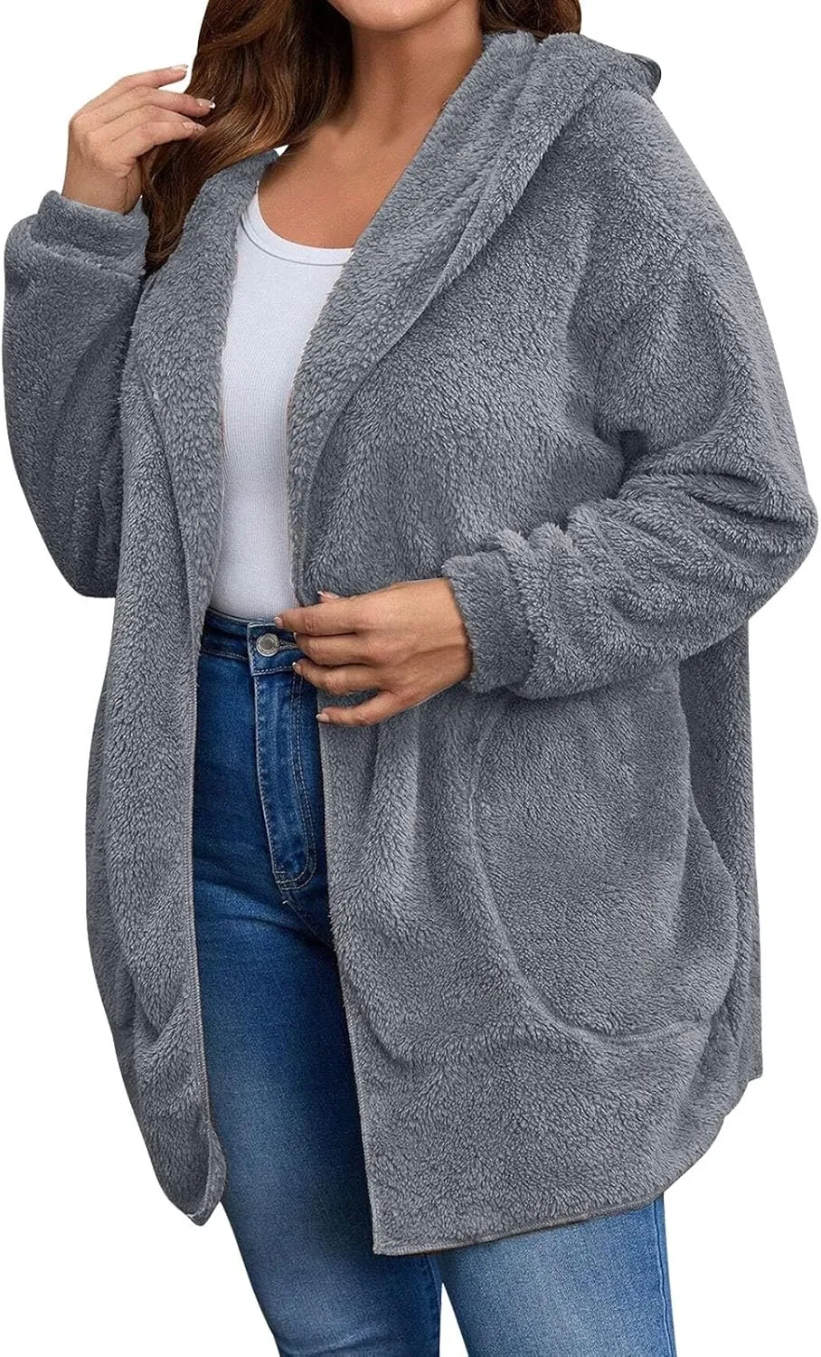 Miyaomn Women's Hooded Cardigans Fuzzy Fleece Oversized Long Jackets Hoodies Winter Warm Open Front Plush Sherpa Coat Outwear