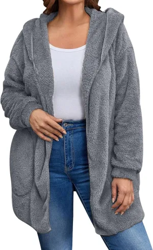 Miyaomn Women's Hooded Cardigans Fuzzy Fleece Oversized Long Jackets Hoodies Winter Warm Open Front Plush Sherpa Coat Outwear