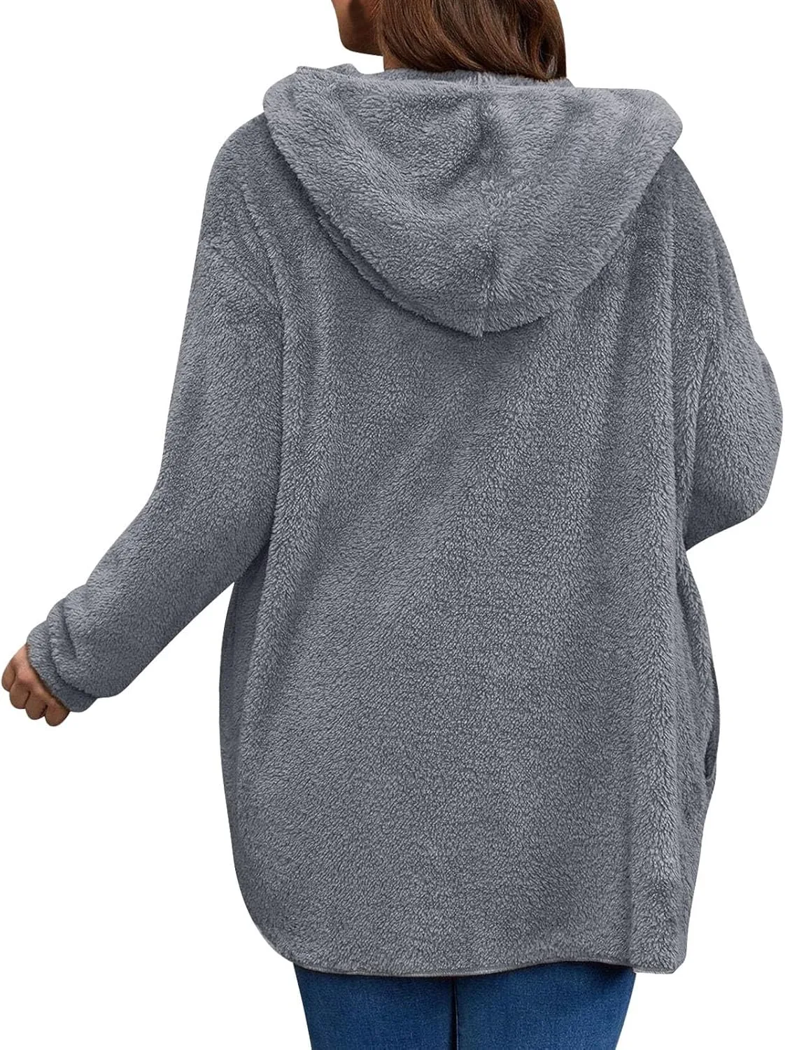 Miyaomn Women's Hooded Cardigans Fuzzy Fleece Oversized Long Jackets Hoodies Winter Warm Open Front Plush Sherpa Coat Outwear