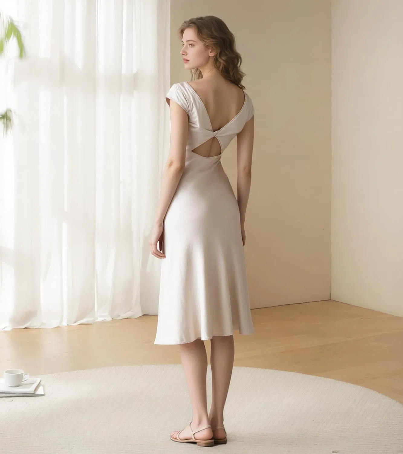MllesReve Women Satin Midi Dresses Cap Sleeves Backless Tea Length Wedding Guest Party Dress Formal Gown with Slit