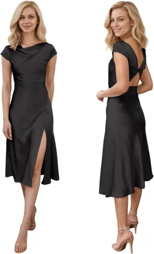 MllesReve Women Satin Midi Dresses Cap Sleeves Backless Tea Length Wedding Guest Party Dress Formal Gown with Slit