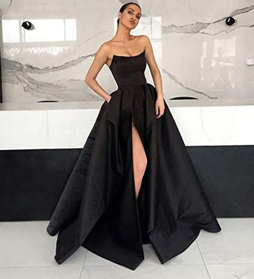 MllesReve Womens Long Strapless Satin Prom Dress Sleeveless Slit Evening Ball Gown with Pockets