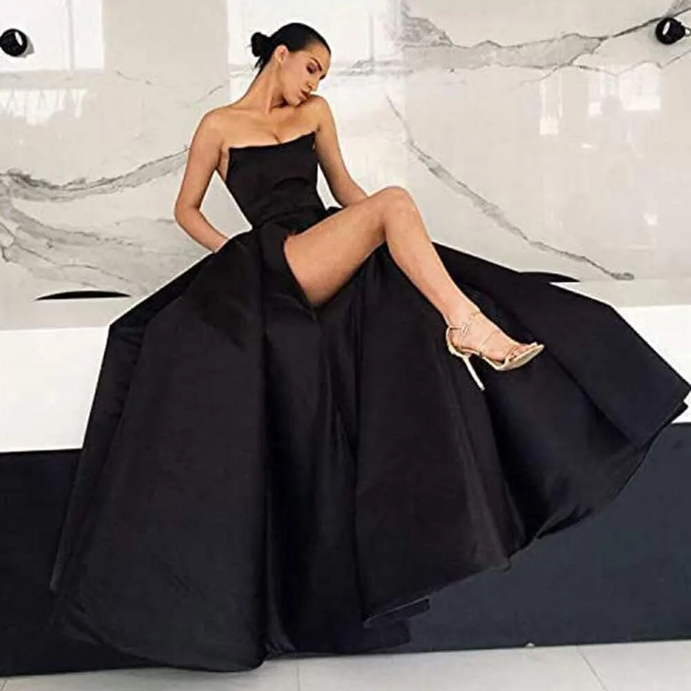 MllesReve Womens Long Strapless Satin Prom Dress Sleeveless Slit Evening Ball Gown with Pockets