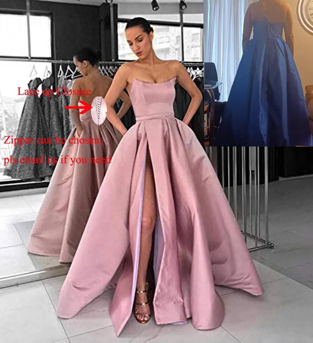 MllesReve Womens Long Strapless Satin Prom Dress Sleeveless Slit Evening Ball Gown with Pockets