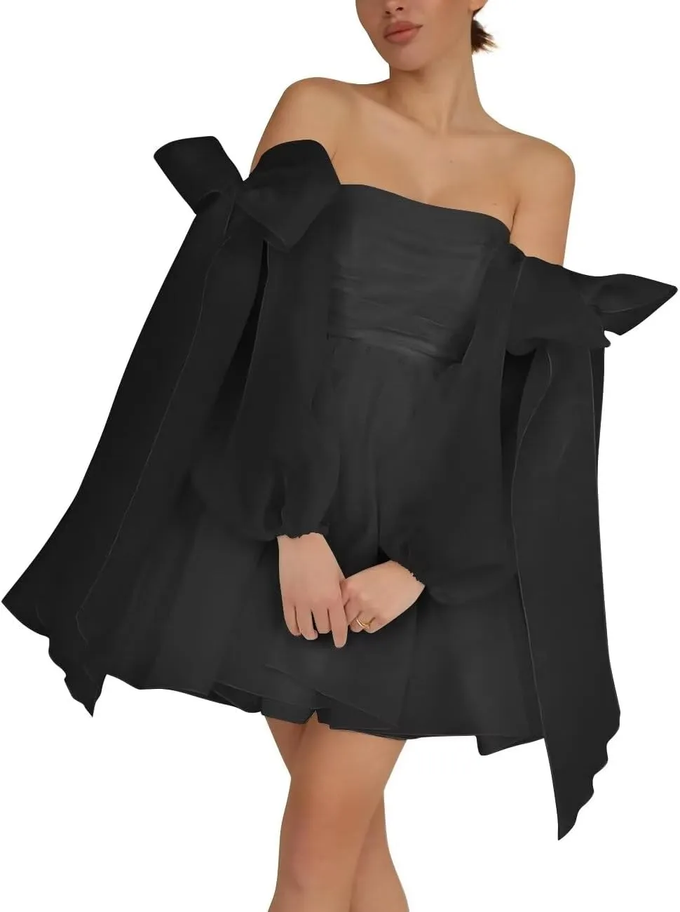 Monlity Off The Shoulder Organza Homecoming Dresses Bow Tie Long Sleeve Prom Dresses Short A-Line Formal Cocktail Party Gown