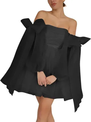 Monlity Off The Shoulder Organza Homecoming Dresses Bow Tie Long Sleeve Prom Dresses Short A-Line Formal Cocktail Party Gown