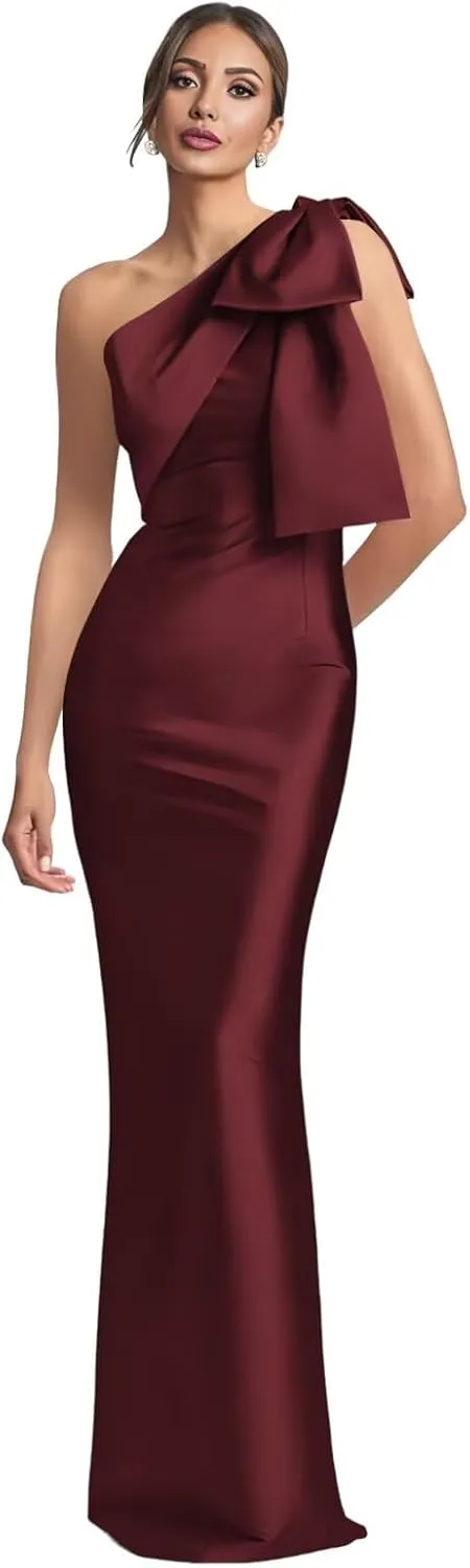 Monvelli One Shoulder Mermaid Prom Dress with Bow 2025 Satin Long Back Split Bridesmaid Dresses Formal Evening Gowns