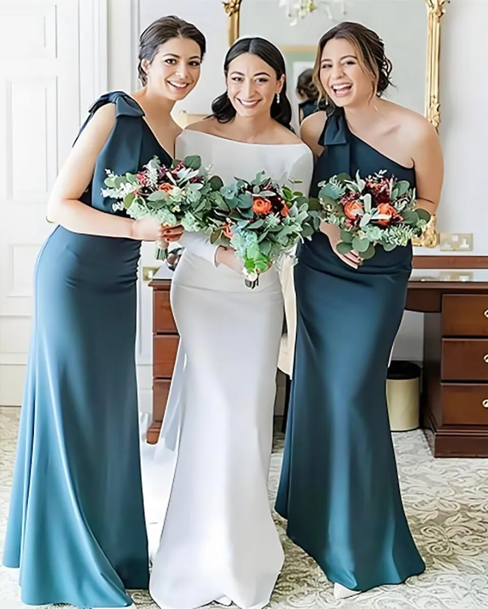Monvelli One Shoulder Mermaid Prom Dress with Bow 2025 Satin Long Back Split Bridesmaid Dresses Formal Evening Gowns