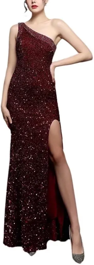 Mordarli 2023 One Shoulder Sequin Prom Dresses with Slit Long Formal Dresses Mermaid Evening Gowns