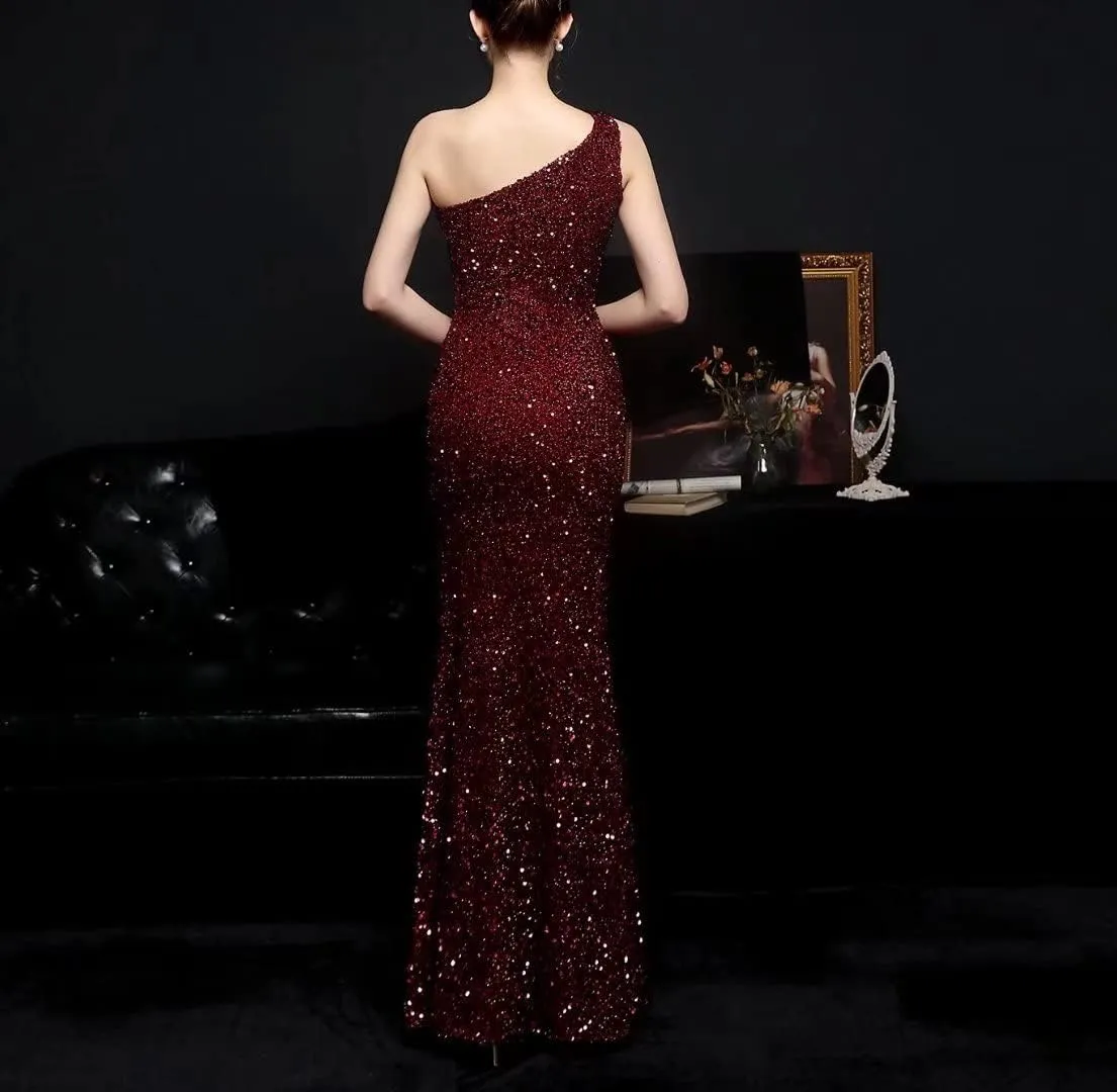 Mordarli 2023 One Shoulder Sequin Prom Dresses with Slit Long Formal Dresses Mermaid Evening Gowns