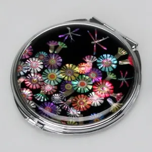 Mother of Pearl Design 2-Sided 2X/1X Magnification Compact Mirror, Pocket Travel Makeup Mirror, Small Metal Portable Handheld Cosmetic Mirror for Purses, Gift for Mom Women (Dragonfly)