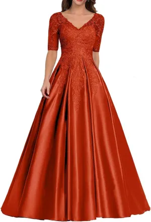Mother of The Bride Dress Long Satin Prom Dresses Lace Applique Formal Evening Gown with Sleeve for Women