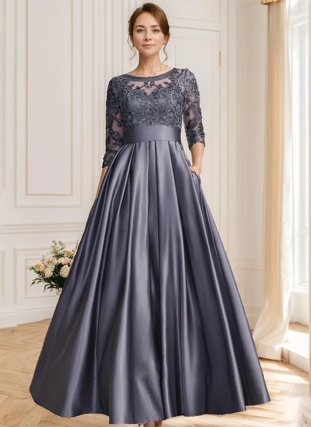 Mother of The Bride Dresses for Wedding 3/4 Sleeve Satin Lace Applique Long Formal Evening Gown with Pockets