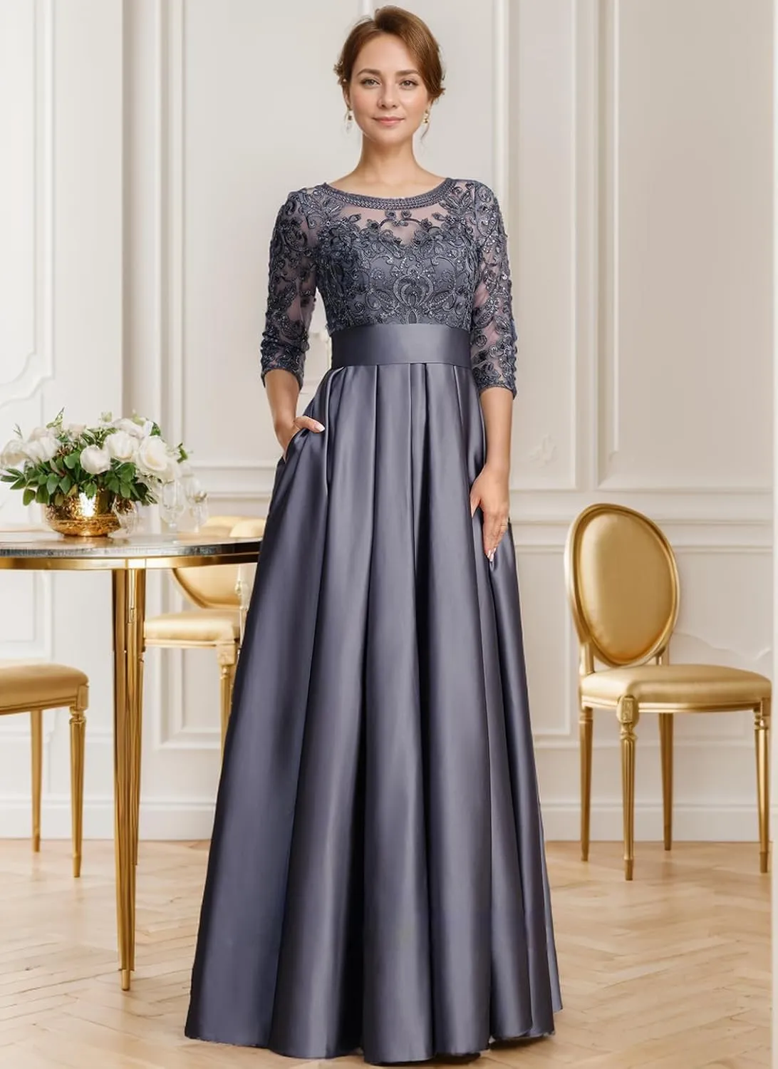 Mother of The Bride Dresses for Wedding 3/4 Sleeve Satin Lace Applique Long Formal Evening Gown with Pockets