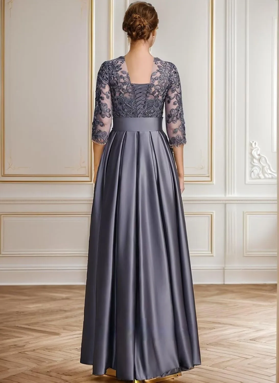 Mother of The Bride Dresses for Wedding 3/4 Sleeve Satin Lace Applique Long Formal Evening Gown with Pockets