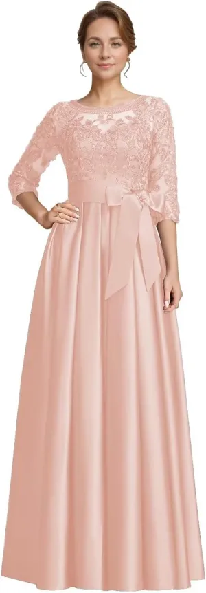 Mother of The Bride Dresses for Wedding 3/4 Sleeve Satin Lace Applique Long Formal Evening Gown with Pockets
