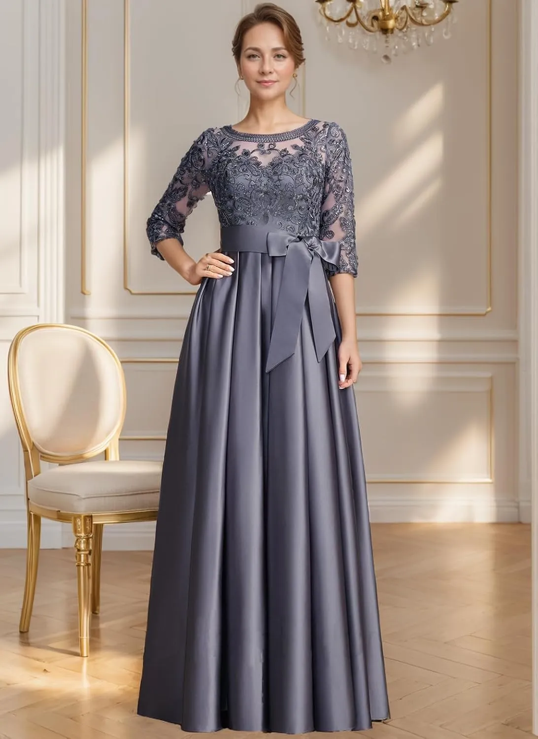 Mother of The Bride Dresses for Wedding 3/4 Sleeve Satin Lace Applique Long Formal Evening Gown with Pockets