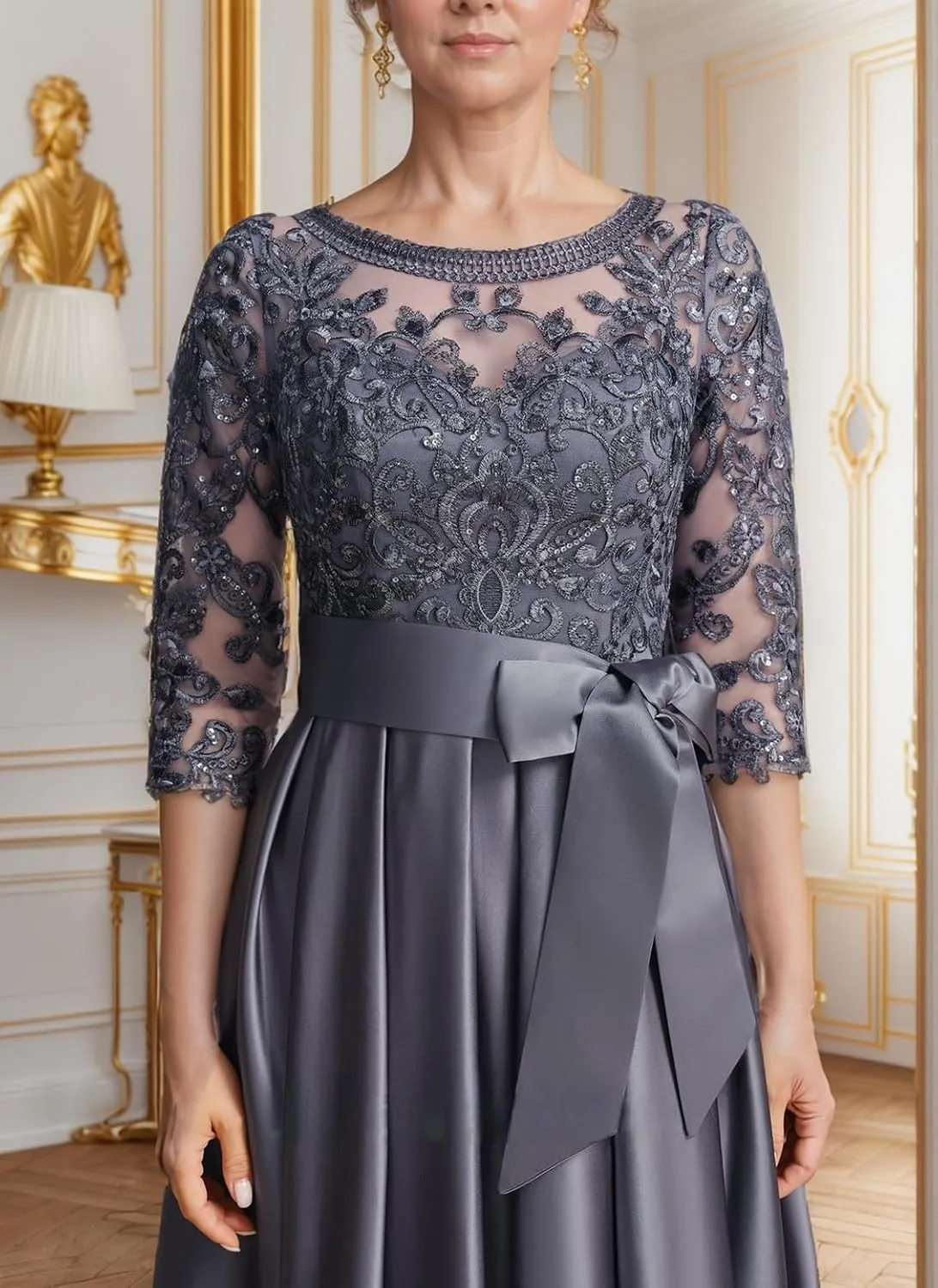 Mother of The Bride Dresses for Wedding 3/4 Sleeve Satin Lace Applique Long Formal Evening Gown with Pockets