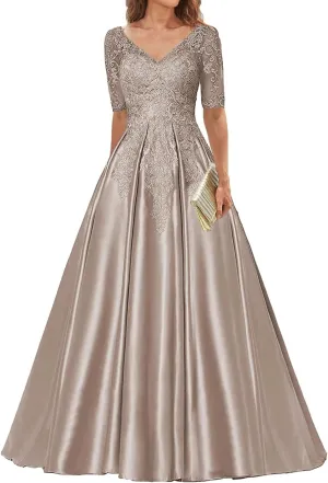 Mother of The Bride Dresses V Neck Evening Formal Dresses for Wedding Guest Groom Gowns Lace Applique with Sleeves Women
