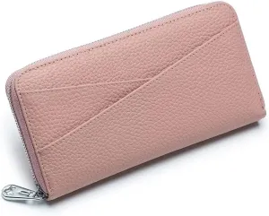 Mudono Women's Wallet Genuine Leather RFID Blocking Credit Card Case Elegant Clutch Purse Travel Phone Wallet with ID Window