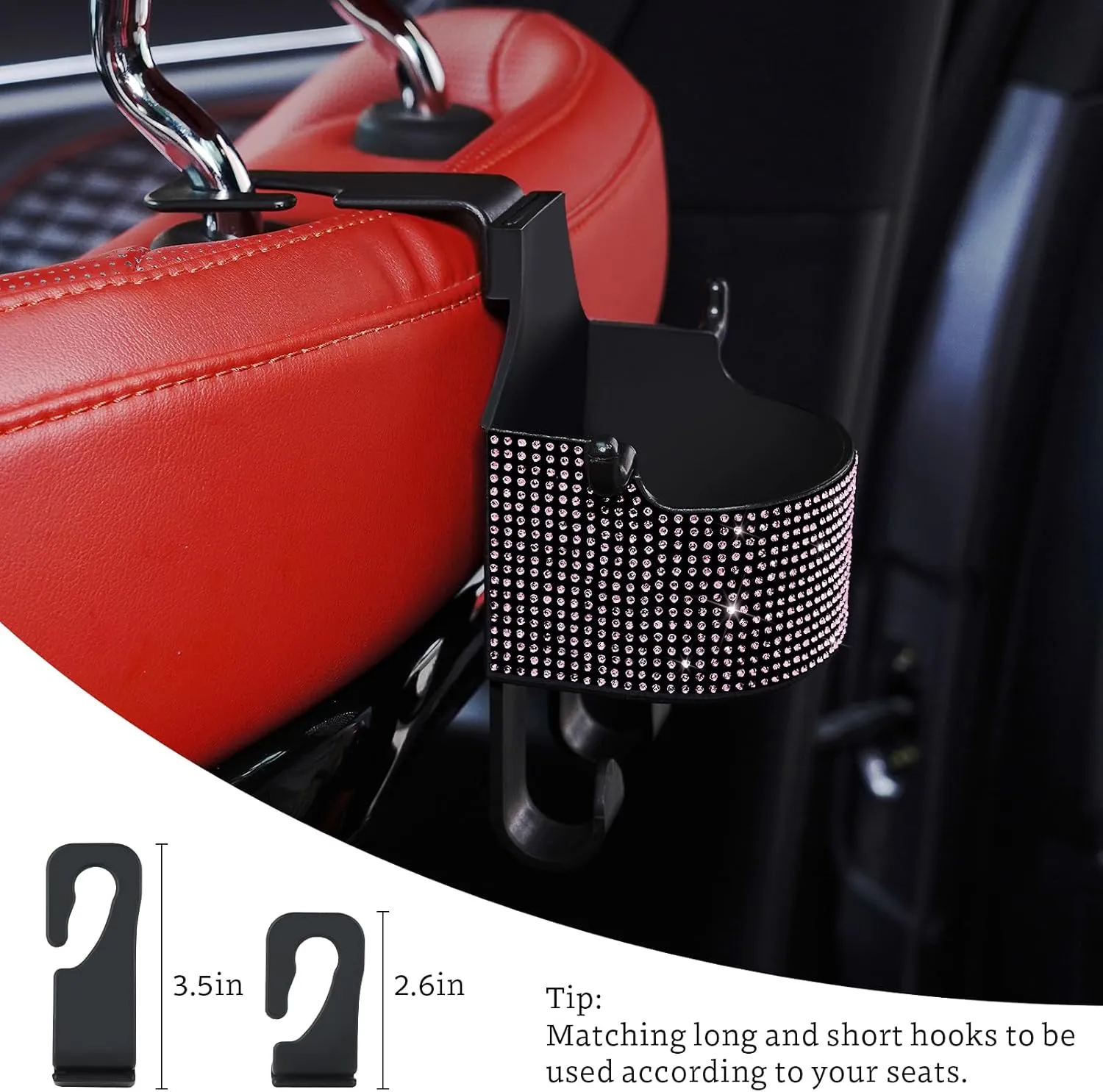 Multifunctional Vehicle Backseat Drink Cup Holder, Bling Crystal Hook for Car Seat Head Rest, Car Storage Hooks for Purses and Bags Cute, Phone Holder, Handbag, Clothes, Key, Umbrella（2-Pack, Pink