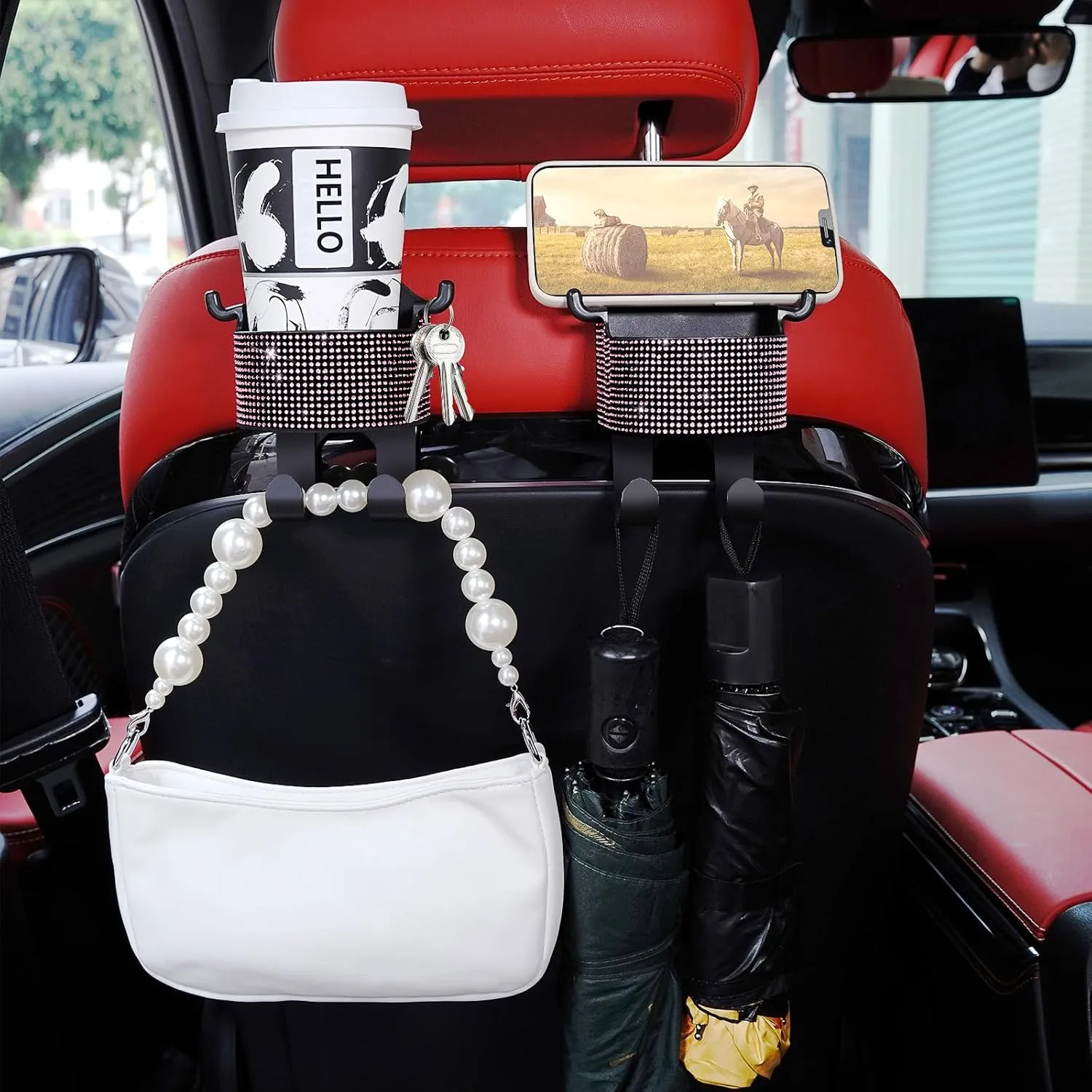 Multifunctional Vehicle Backseat Drink Cup Holder, Bling Crystal Hook for Car Seat Head Rest, Car Storage Hooks for Purses and Bags Cute, Phone Holder, Handbag, Clothes, Key, Umbrella（2-Pack, Pink