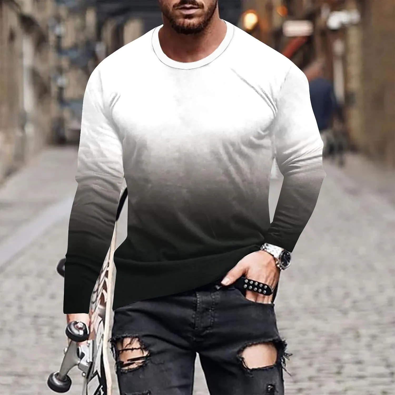 Muscularfit Long Sleeve Tee Shirts for Men Graphic Marble Print Casual Pullover Big and Tall Crewneck Sweatshirts Sports Tees