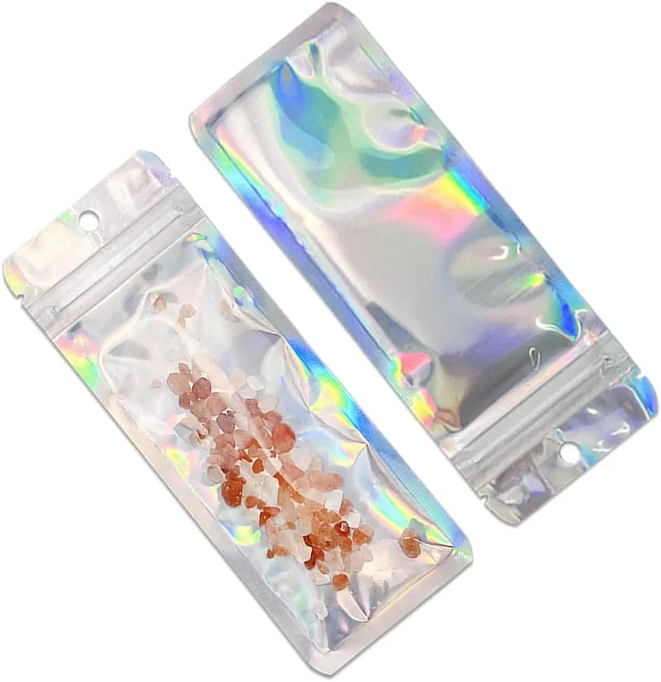 Mylar Bags Zipper Self Seal Clear Plastic Aluminum Foil Bag Flat Heat Sealable Small Food Storage Bags for Coffee Beans Candy Packaging Pouch with Tear Notch Hang Hole (100, 2.36x11.02 inch)