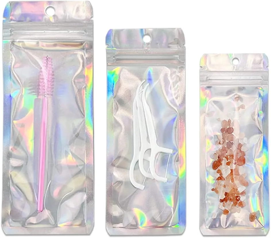 Mylar Bags Zipper Self Seal Clear Plastic Aluminum Foil Bag Flat Heat Sealable Small Food Storage Bags for Coffee Beans Candy Packaging Pouch with Tear Notch Hang Hole (100, 2.36x11.02 inch)