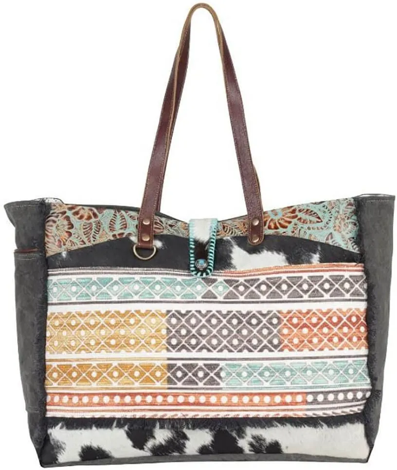 Myra Bag Western Leather Weekender Bag for Women - Cotton & Upcycled Canvas Boho Shoulder Bag Earthly Tones