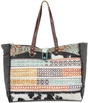 Myra Bag Western Leather Weekender Bag for Women - Cotton & Upcycled Canvas Boho Shoulder Bag Earthly Tones