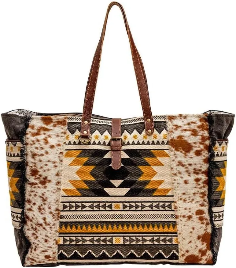 Myra Bag Western Leather Weekender Bag for Women - Cotton & Upcycled Canvas Boho Shoulder Bag Trilang