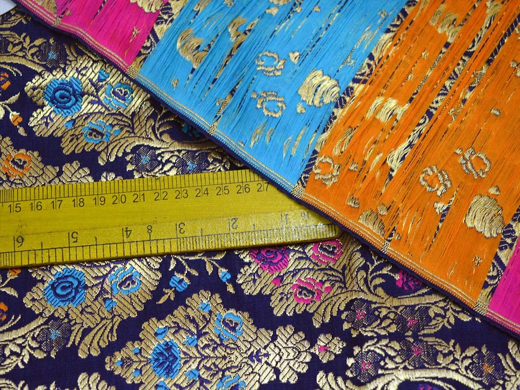 Navy Blue Brocade Fabric By The Yard Banarasi Pure Silk Dress Material Wedding Skirt Home Décor Cushions Table Runner Sewing Crafting Fabric