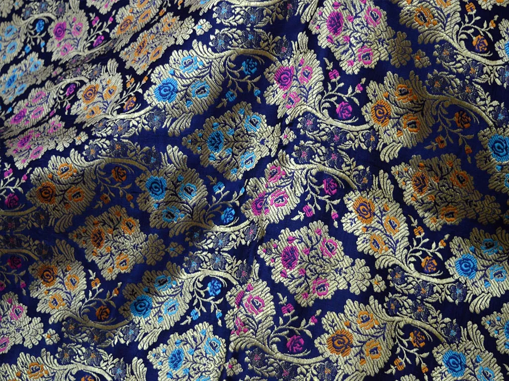 Navy Blue Brocade Fabric By The Yard Banarasi Pure Silk Dress Material Wedding Skirt Home Décor Cushions Table Runner Sewing Crafting Fabric