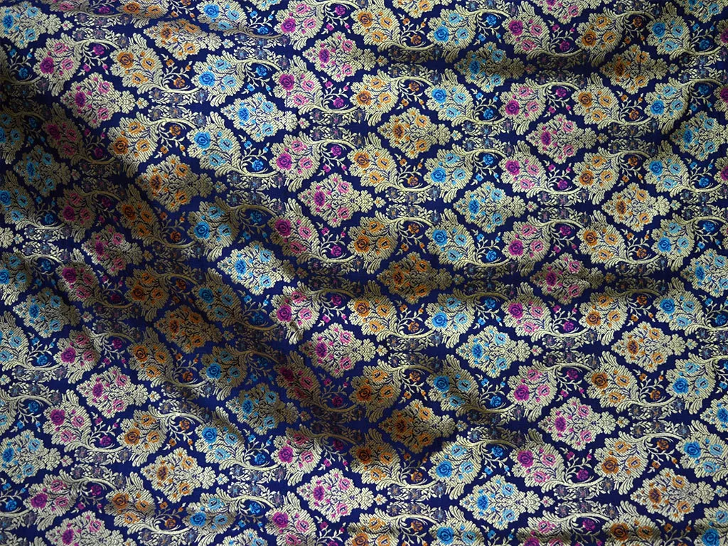 Navy Blue Brocade Fabric By The Yard Banarasi Pure Silk Dress Material Wedding Skirt Home Décor Cushions Table Runner Sewing Crafting Fabric