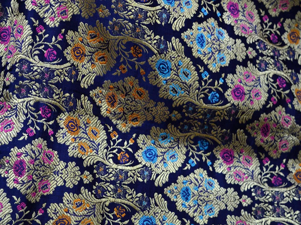Navy Blue Brocade Fabric By The Yard Banarasi Pure Silk Dress Material Wedding Skirt Home Décor Cushions Table Runner Sewing Crafting Fabric