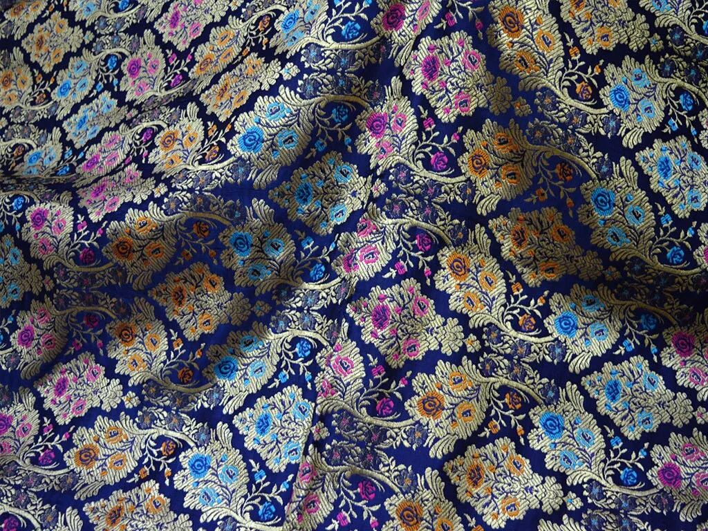 Navy Blue Brocade Fabric By The Yard Banarasi Pure Silk Dress Material Wedding Skirt Home Décor Cushions Table Runner Sewing Crafting Fabric