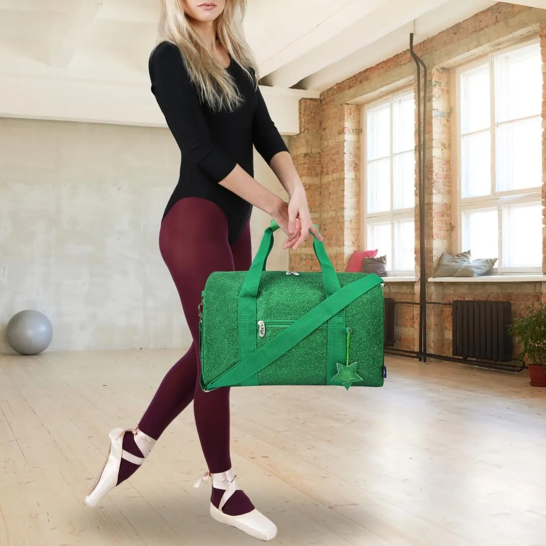 NGIL Large Super Star Duffle Bag for Dance, Sports, Ballet, Tumbling, and Gymnastic – Glitter Cheer with Shoulder Strap and Pockets (Glitter-Green, Large)