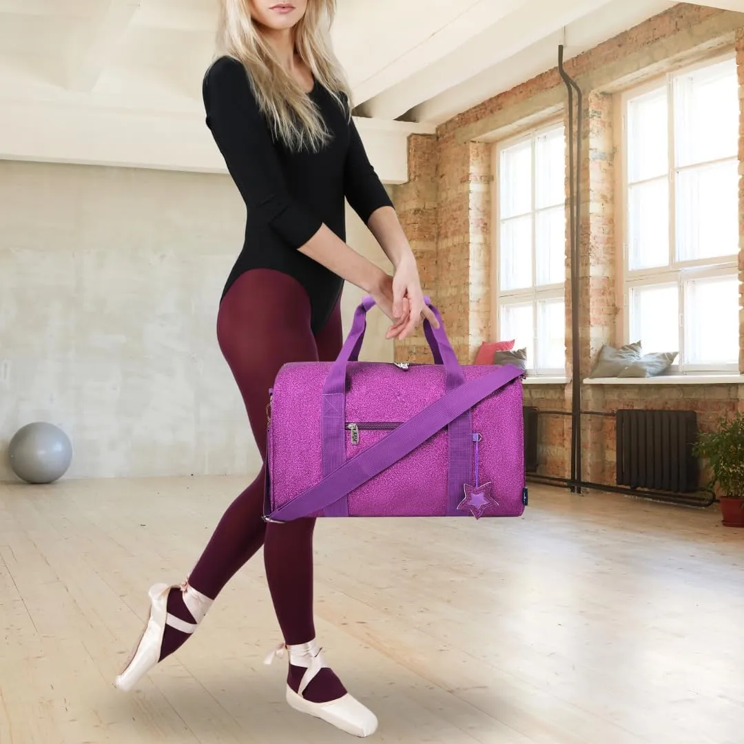 NGIL Large Super Star Duffle Bag for Dance, Sports, Ballet, Tumbling, and Gymnastic – Glitter Cheer with Shoulder Strap and Pockets (Glitter-Purple, Large)