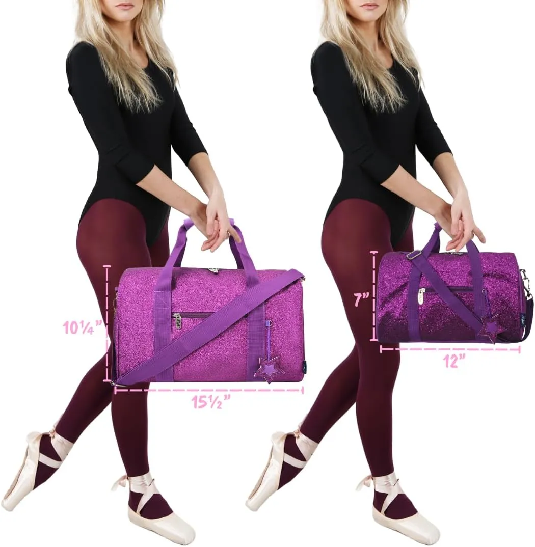NGIL Large Super Star Duffle Bag for Dance, Sports, Ballet, Tumbling, and Gymnastic – Glitter Cheer with Shoulder Strap and Pockets (Glitter-Purple, Large)