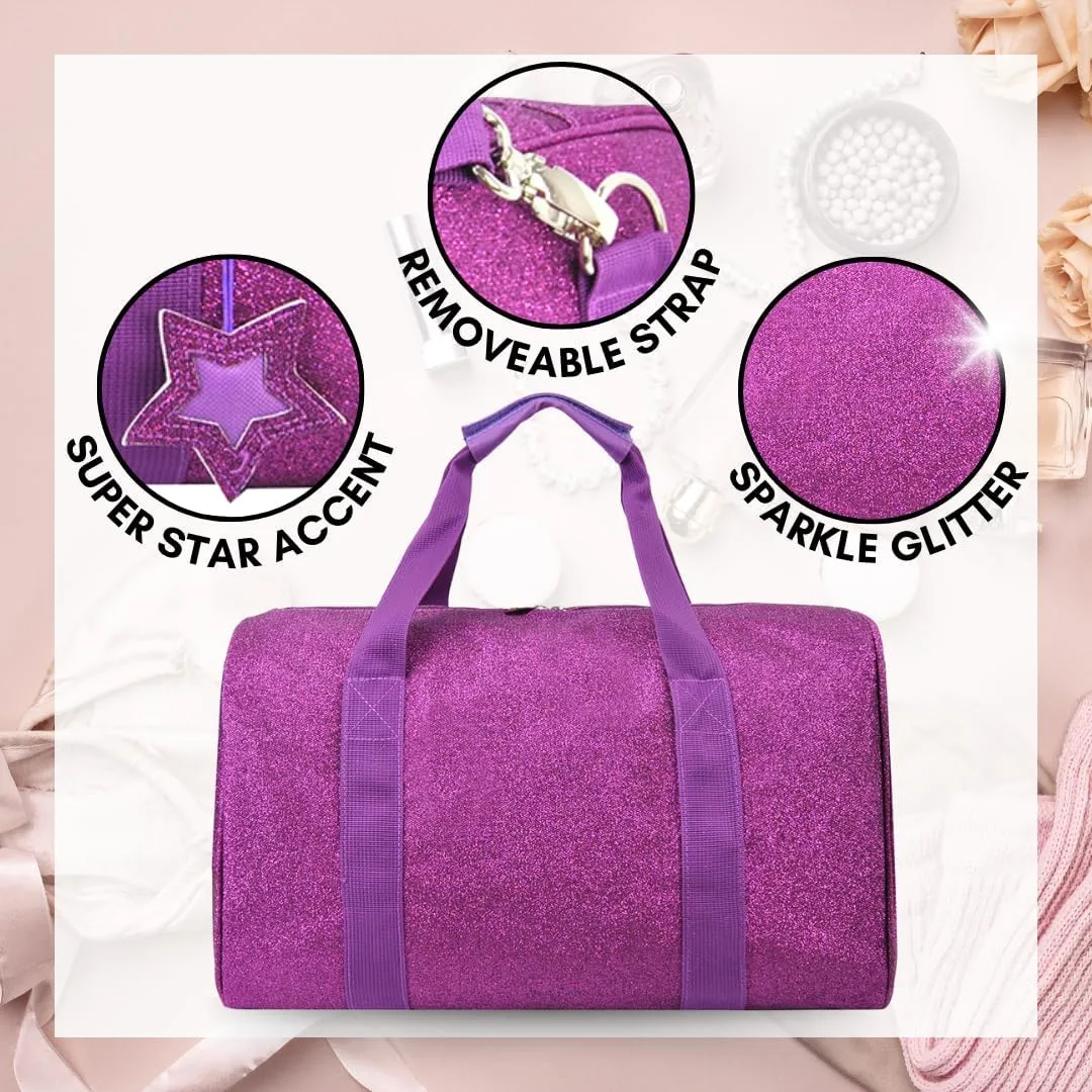 NGIL Large Super Star Duffle Bag for Dance, Sports, Ballet, Tumbling, and Gymnastic – Glitter Cheer with Shoulder Strap and Pockets (Glitter-Purple, Large)