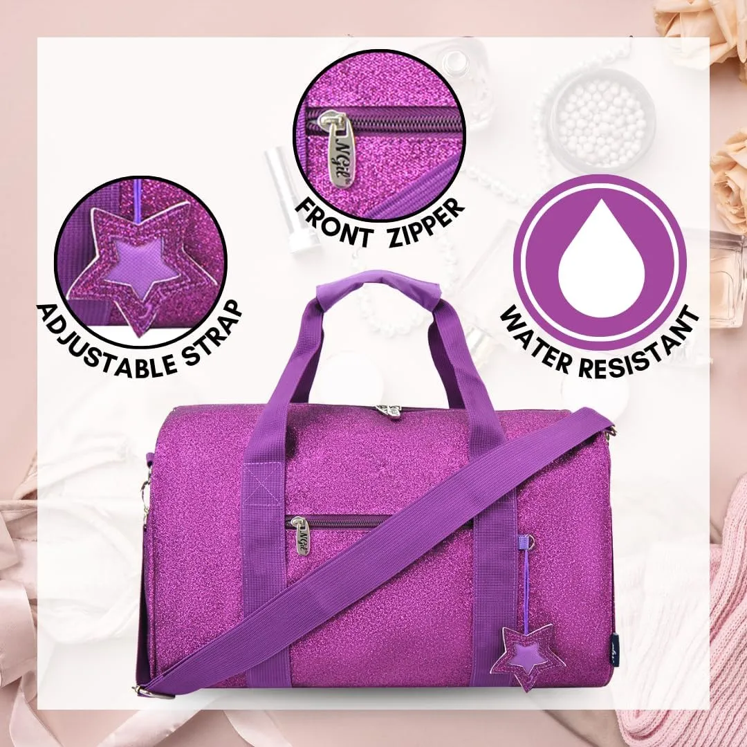 NGIL Large Super Star Duffle Bag for Dance, Sports, Ballet, Tumbling, and Gymnastic – Glitter Cheer with Shoulder Strap and Pockets (Glitter-Purple, Large)