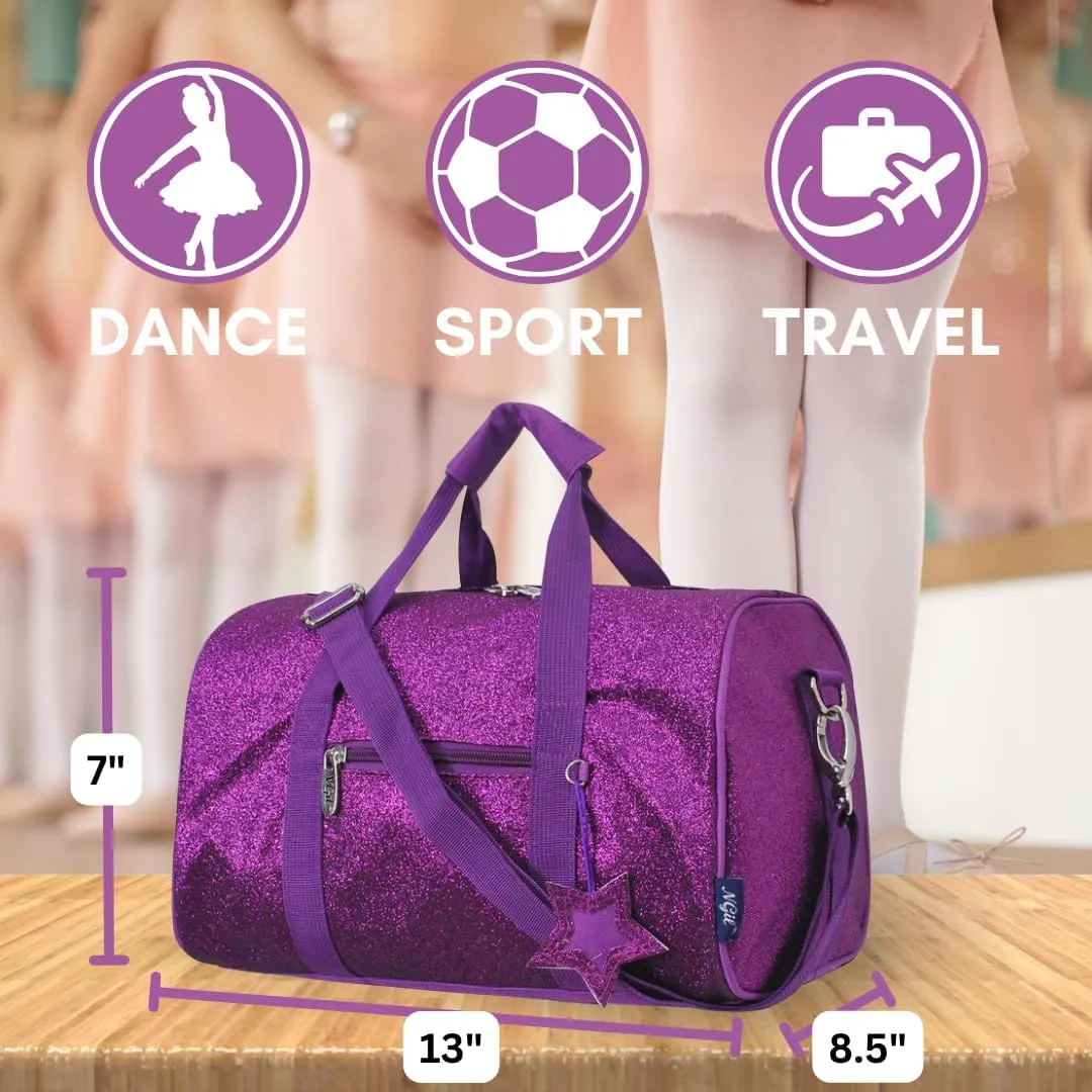 NGIL Large Super Star Duffle Bag for Dance, Sports, Ballet, Tumbling, and Gymnastic – Glitter Cheer with Shoulder Strap and Pockets (Glitter-Purple, Small)