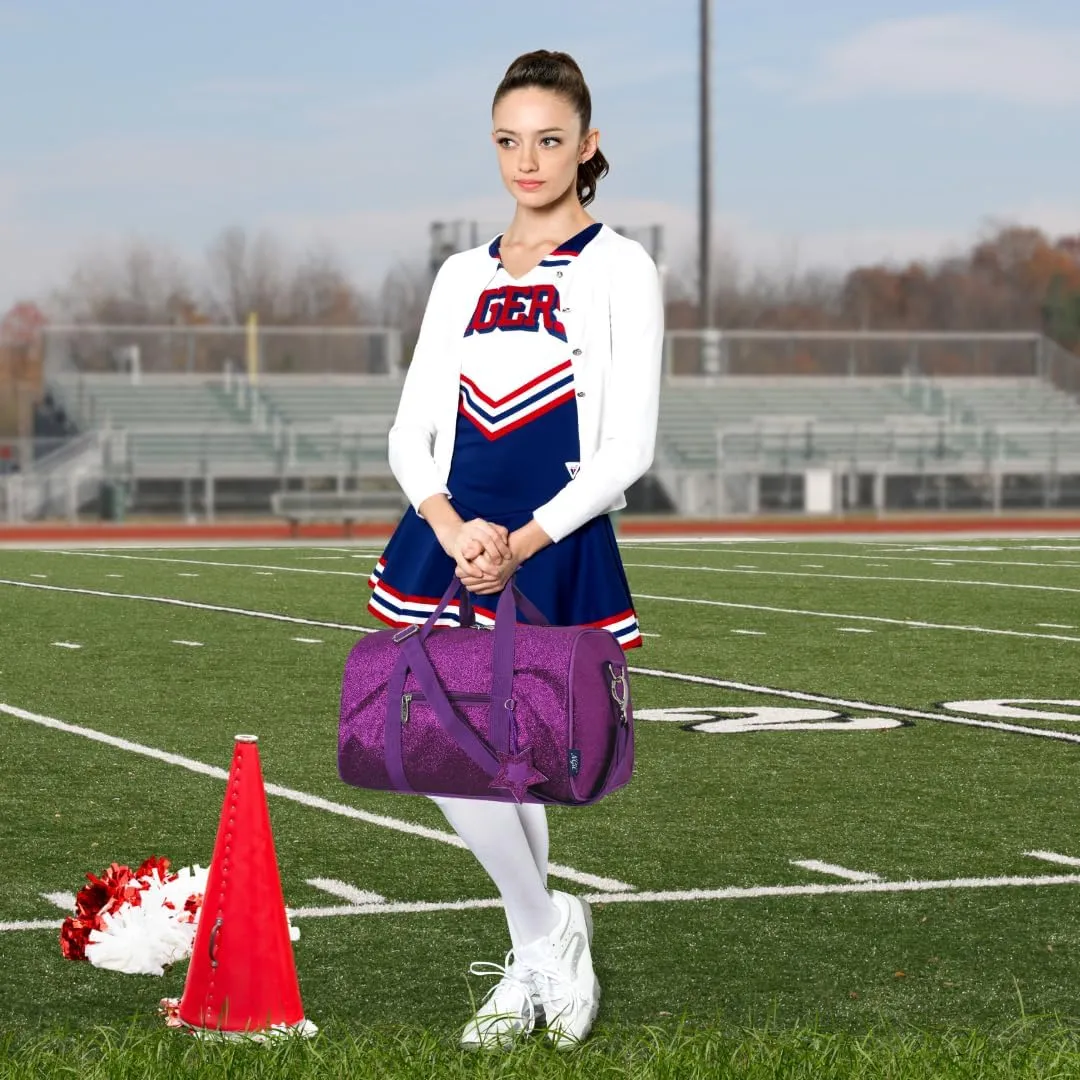 NGIL Large Super Star Duffle Bag for Dance, Sports, Ballet, Tumbling, and Gymnastic – Glitter Cheer with Shoulder Strap and Pockets (Glitter-Purple, Small)