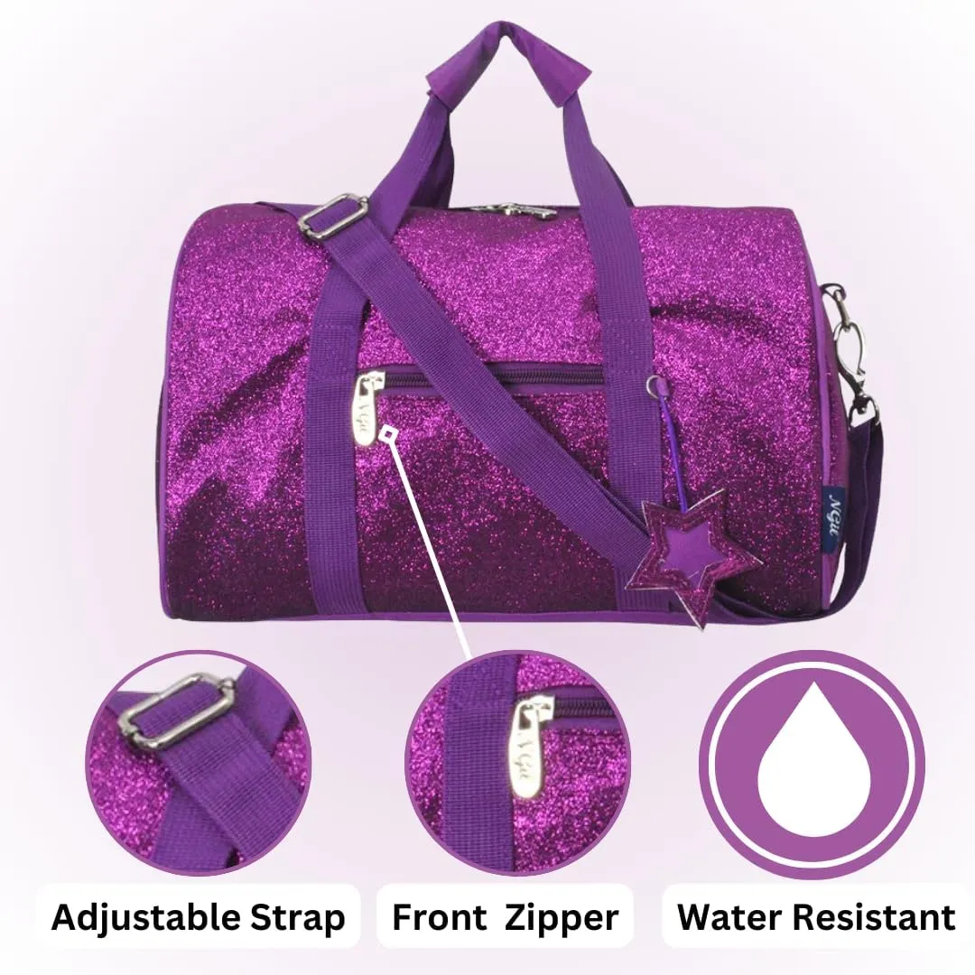 NGIL Large Super Star Duffle Bag for Dance, Sports, Ballet, Tumbling, and Gymnastic – Glitter Cheer with Shoulder Strap and Pockets (Glitter-Purple, Small)