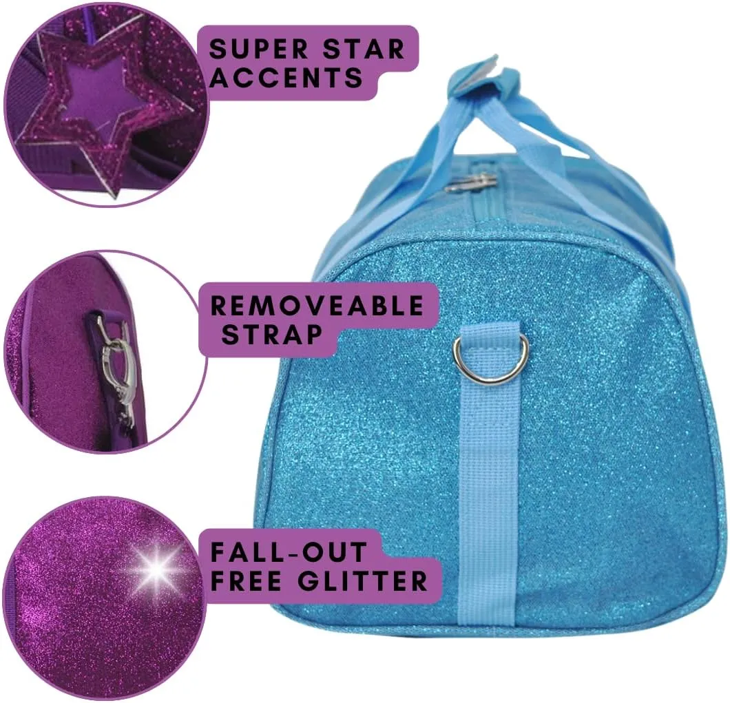 NGIL Large Super Star Duffle Bag for Dance, Sports, Ballet, Tumbling, and Gymnastic – Glitter Cheer with Shoulder Strap and Pockets (Glitter-Purple, Small)