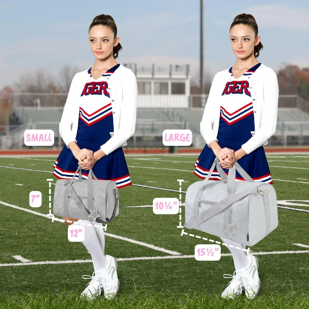 NGIL Mini Super Star Duffle Bag for Dance, Sports, Ballet, Tumbling, and Gymnastic – Glitter Cheer with Shoulder Strap and Pockets (Glitter-Silver, Small)