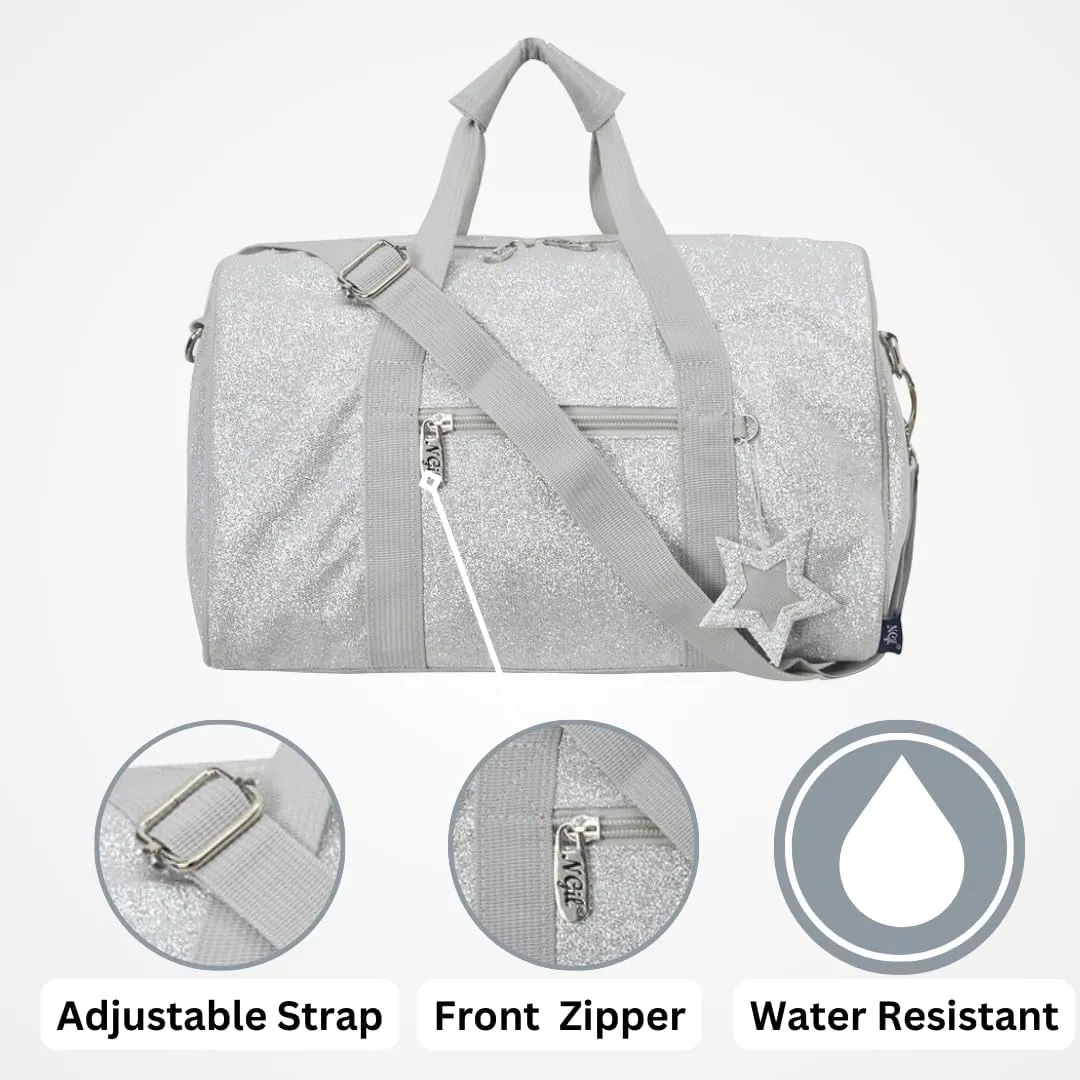 NGIL Mini Super Star Duffle Bag for Dance, Sports, Ballet, Tumbling, and Gymnastic – Glitter Cheer with Shoulder Strap and Pockets (Glitter-Silver, Small)