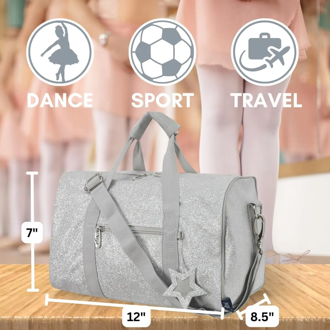 NGIL Mini Super Star Duffle Bag for Dance, Sports, Ballet, Tumbling, and Gymnastic – Glitter Cheer with Shoulder Strap and Pockets (Glitter-Silver, Small)