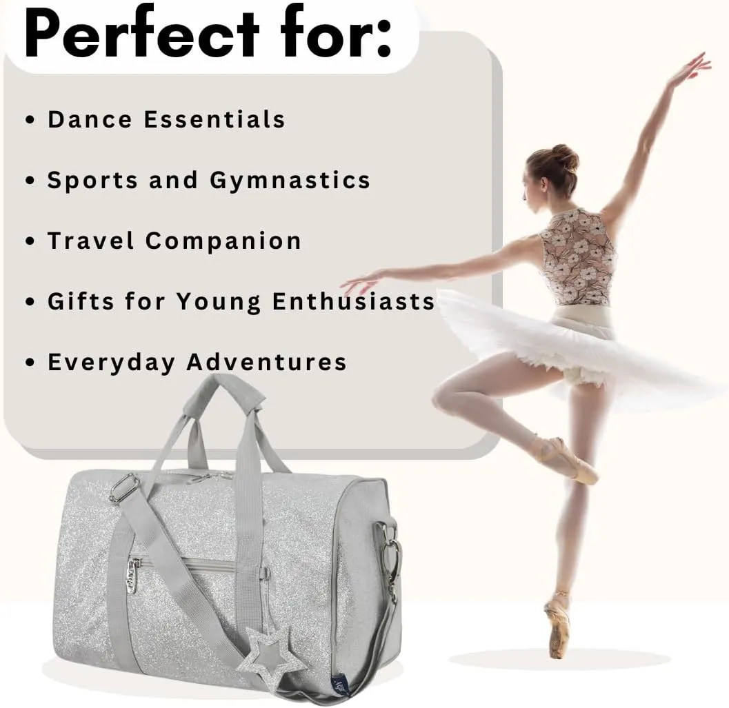 NGIL Mini Super Star Duffle Bag for Dance, Sports, Ballet, Tumbling, and Gymnastic – Glitter Cheer with Shoulder Strap and Pockets (Glitter-Silver, Small)